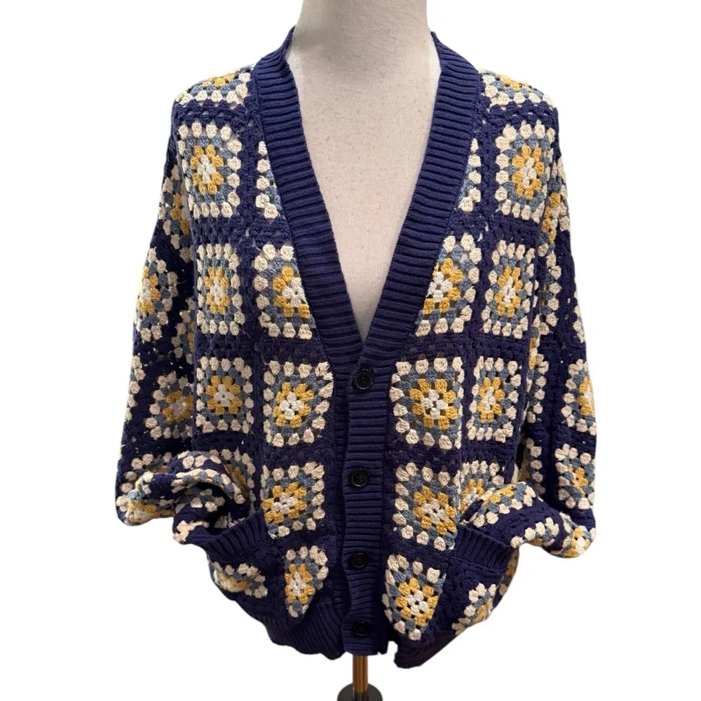 PacSun Estate Cardigan Crochet Granny Square V-Neck Button Down Sweater Navy - Picture 2 of 13